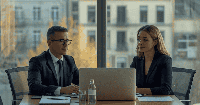 رجل وامراة يجلسان على مكتب حديث في بلجيكا