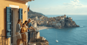 صورة احترافية بأسلوب صحفي حديث تُظهر عائلة بلجيكية تقف على شرفة منزل تقليدي مطل على الساحل الأوروبي، مع علم بلجيكا صغير يظهر بشكل غير مباشر. في الخلفية مشهد لمدينة متوسطية تجمع بين الطابع الإسباني والإيطالي، مع بحر أزرق وسماء مشرقة. التصميم يعكس فكرة امتلاك عقار في الخارج، والاستثمار العقاري، ونمط الحياة الهادئ. ألوان طبيعية، إضاءة دافئة، جودة عالية، واقعية، مناسبة لمقال اقتصادي عن العقارات والهجرة السكنية.