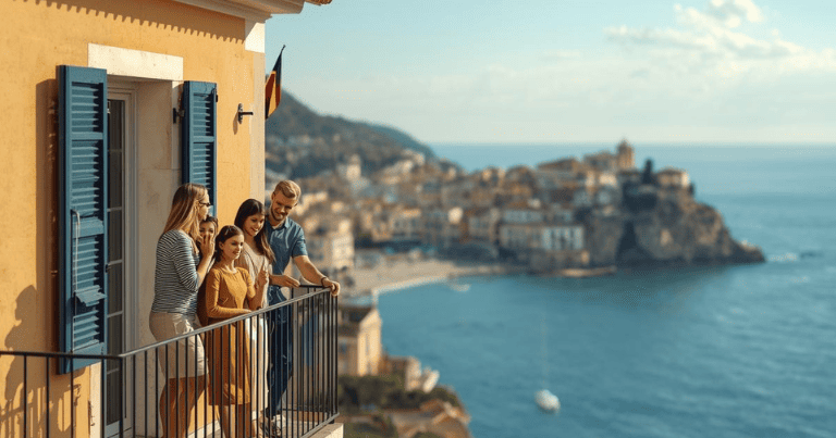 صورة احترافية بأسلوب صحفي حديث تُظهر عائلة بلجيكية تقف على شرفة منزل تقليدي مطل على الساحل الأوروبي، مع علم بلجيكا صغير يظهر بشكل غير مباشر. في الخلفية مشهد لمدينة متوسطية تجمع بين الطابع الإسباني والإيطالي، مع بحر أزرق وسماء مشرقة. التصميم يعكس فكرة امتلاك عقار في الخارج، والاستثمار العقاري، ونمط الحياة الهادئ. ألوان طبيعية، إضاءة دافئة، جودة عالية، واقعية، مناسبة لمقال اقتصادي عن العقارات والهجرة السكنية.