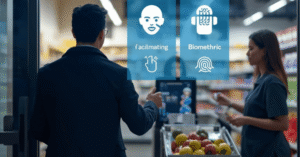 "عميل يدخل متجرًا بينما تظهر أيقونات تمثل مسح الوجه والتعرف البيومتري، مع خلفية متجر حديث وموظف يقف عند الصندوق."