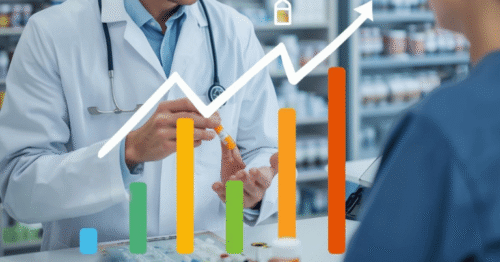 "صيدلي يعطي دواءً لمريض مع رموز مالية تظهر زيادة مساهمة المرضى في تكلفة الأدوية بلجيكا 2026، وخلفية تشير إلى صيدلية حديثة."