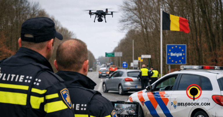 عناصر من الشرطة الهولندية يراقبون الحدود مع بلجيكا باستخدام طائرة مسيّرة ضمن حملة لمكافحة تهريب الألعاب النارية.
