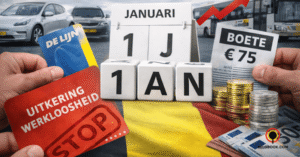 توضح الصورة تغييرات القوانين في بلجيكا اعتبارًا من 1 يناير، مع بطاقة إعانة البطالة المختومة بكلمة "STOP" في المقدمة، وعناصر تمثل المال، تذاكر النقل، وسيارات الشركات، في إشارة إلى التعديلات الاقتصادية والغرامات الجديدة.