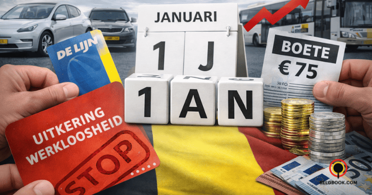 توضح الصورة تغييرات القوانين في بلجيكا اعتبارًا من 1 يناير، مع بطاقة إعانة البطالة المختومة بكلمة "STOP" في المقدمة، وعناصر تمثل المال، تذاكر النقل، وسيارات الشركات، في إشارة إلى التعديلات الاقتصادية والغرامات الجديدة.