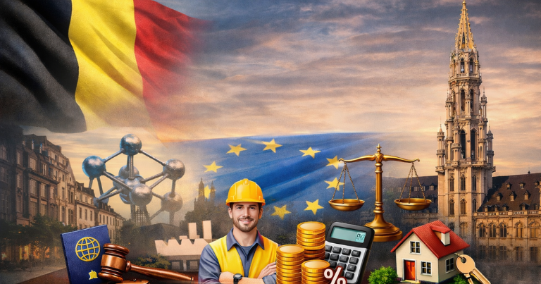 صورة تعبيرية عن تغييرات القوانين في بلجيكا 2026 تشمل الهجرة والعمل والضرائب والسكن، مع معالم بلجيكية مثل الأتوميوم وبروكسل