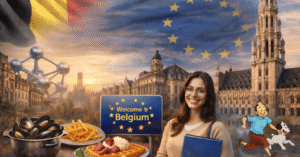 "مشهد لمدينة بلجيكا يظهر الأتوميوم ومباني أوروبية تقليدية مع نهر وأشجار، مع التركيز على الثقافة والطبيعة والمعالم الشهيرة للبلاد، بدون كتابة أو شعارات."