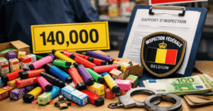 مصادرة كميات كبيرة من السجائر الإلكترونية أحادية الاستخدام في بلجيكا بعد حظر بيعها، مع ظهور منتجات ملوّنة وشعار التفتيش الفيدرالي البلجيكي.