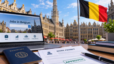 تصريح العمل في بلجيكا للأجانب مع وثيقة Work Permit وجواز سفر وعلم بلجيكا