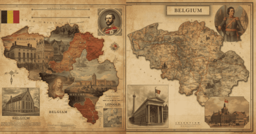 "خريطة قديمة لبلجيكا مع تداخل صور تاريخية، تظهر ثورة 1830 والملك ليوبولد الأول. ألوان دافئة تاريخية مثل البني والبيج مع لمسة من الأحمر والأصفر. تضم عناصر رمزية للثقافة البلجيكية مثل العلم البلجيكي، المباني الأوروبية القديمة، وبعض الرموز العسكرية البسيطة. أسلوب واقعي نصف فني، مناسب لمقال تاريخي،