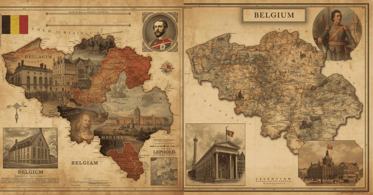 "خريطة قديمة لبلجيكا مع تداخل صور تاريخية، تظهر ثورة 1830 والملك ليوبولد الأول. ألوان دافئة تاريخية مثل البني والبيج مع لمسة من الأحمر والأصفر. تضم عناصر رمزية للثقافة البلجيكية مثل العلم البلجيكي، المباني الأوروبية القديمة، وبعض الرموز العسكرية البسيطة. أسلوب واقعي نصف فني، مناسب لمقال تاريخي،