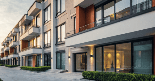 مبانٍ سكنية اجتماعية حديثة في فلاندرز، مع أشخاص من خلفيات مختلفة أمام المدخل، أحدهم يحمل حقيبة عمل وآخر يرافق أحد أفراد عائلته، مع