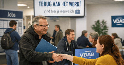 موظفة في مكتب التوظيف الفلمنكي تصافح باحثًا عن عمل داخل مركز تشغيل في فلاندرز، في مشهد يرمز إلى عودة العاطلين إلى سوق العمل بعد العثور على وظيفة.