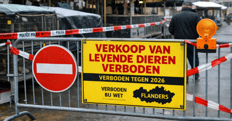 صورة لسوق في فلاندرز، بلجيكا، يظهر فيها لافتة كبيرة مكتوب عليها "حظر بيع الحيوانات الحية 2026"، مع أقفاص فارغة وحاجز للشرطة، في مشهد يرمز إلى تطبيق القانون الجديد ومنع بيع الحيوانات في الأسواق الأسبوعية.