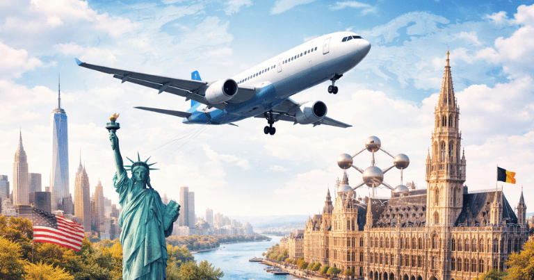 "طائرة تجارية تحلق في السماء بين نيويورك وبروكسل، تظهر تمثال الحرية وناطحات سحاب نيويورك على اليسار، ومعالم بروكسل مثل مبنى البلدية وAtomium على اليمين، مع علم بلجيكا يرفرف، صورة توضيحية للسفر الجوي من الولايات المتحدة الأمريكية إلى بلجيكا."