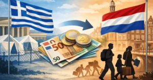 صورة رقمية توضح رحلة الفلسطينيين الحاصلين على إقامة يونانية عند طلب اللجوء في هولندا. على الجانب الأيسر، علم اليونان أمام مبانٍ رسمية وخيام مراكز اللاجئين، وعلى الجانب الأيمن، علم هولندا مع مبانٍ حضرية وقناة، بينما يظهر في الوسط أوراق نقدية وعملة اليورو، وتتحرك مجموعة من اللاجئين يحملون حقائب ووثائق باتجاه هولندا، مشيرة إلى انتقالهم وطلب الحماية القانونية. إذا أحببت، أستطيع أيضًا أن أصيغ نسخة مختصرة جدًا للنص البديل (50–60 كلمة) مناسبة للأغراض