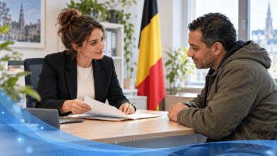 موظفة اجتماعية تناقش وثائق طلب المساعدة مع رجل في مكتب توضيحي للمساعدة الاجتماعية في بلجيكا