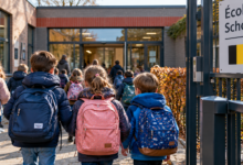 تلاميذ يحملون حقائب مدرسية ويدخلون مدرسة في بلجيكا – العطل المدرسية 2026–2027.