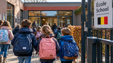 تلاميذ يحملون حقائب مدرسية ويدخلون مدرسة في بلجيكا – العطل المدرسية 2026–2027.