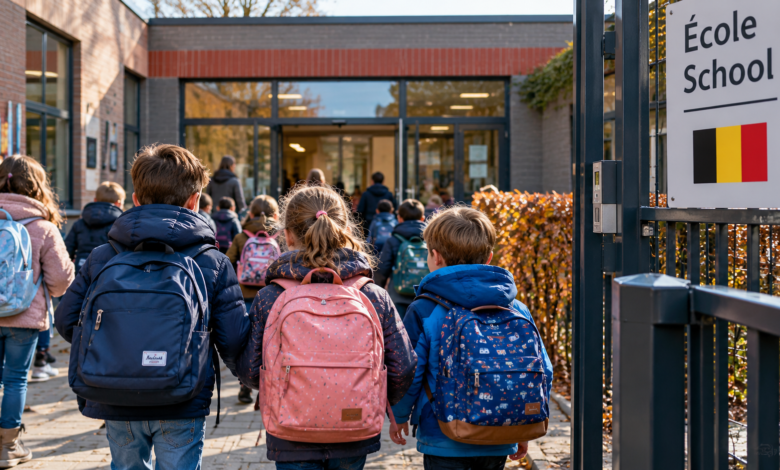 تلاميذ يحملون حقائب مدرسية ويدخلون مدرسة في بلجيكا – العطل المدرسية 2026–2027.